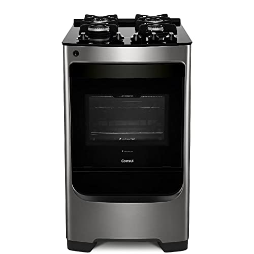 Fogão Consul 4 bocas cor Inox com mesa de vidro e grade de ferro fundido BIVOLT