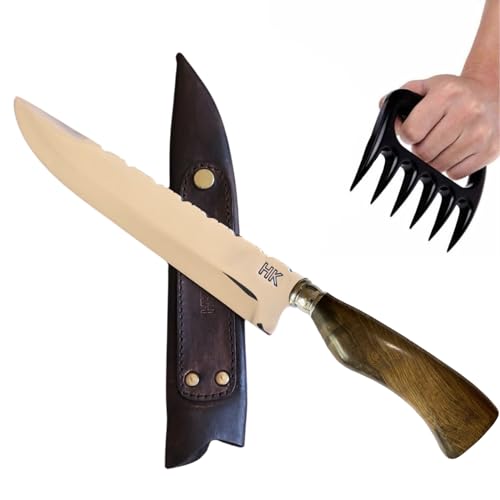 Faca Churrasco Artesanal ‘’Picanheira’’ + Garra de Urso - Aço Inox 3mm de 8’’ Polegadas - Faca do Chef Afiada de Fábrica – Acompanha Bainha em Couro - Linha Luxo HK