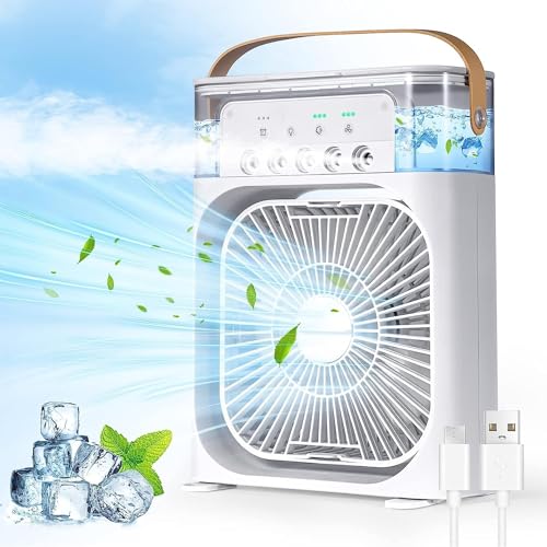 Ventilador de ar condicionado portátil, Mini Ar Condicionado Umidificador Climatizador com tanque de água de 600ml, 3 velocidades de vento e pulverizador de 5 furos com luz LED de 7 cores