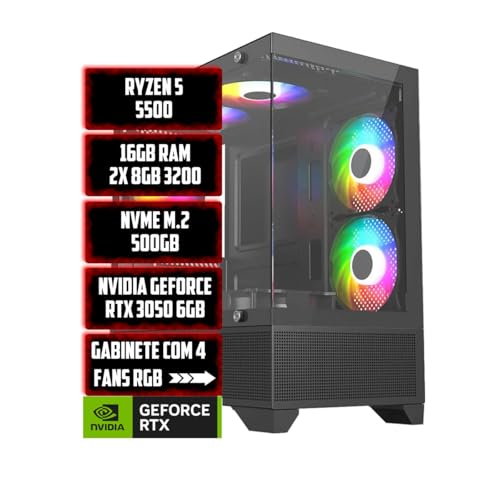 PC Gamer Live Ryzen 5 5500, 16GB RAM RGB, NVME M.2 500GB, RTX 3050 6GB, Gabinete com 4 Ventoinhas RGB