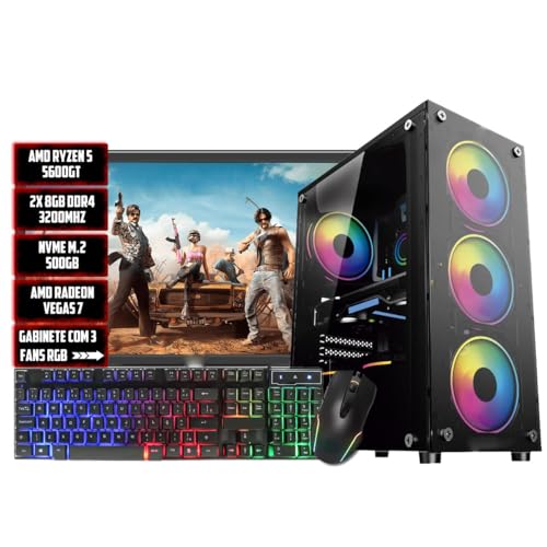 PC GAMER AMD RYZEN 5 5600GT+A520M+16GB 3200+NVME 500GB+500W BIVOLT+GABINETE GAMER 3 FANS+MONITOR 21,5 100HZ HDMI+TECLADO E MOUSE GAMER RGB