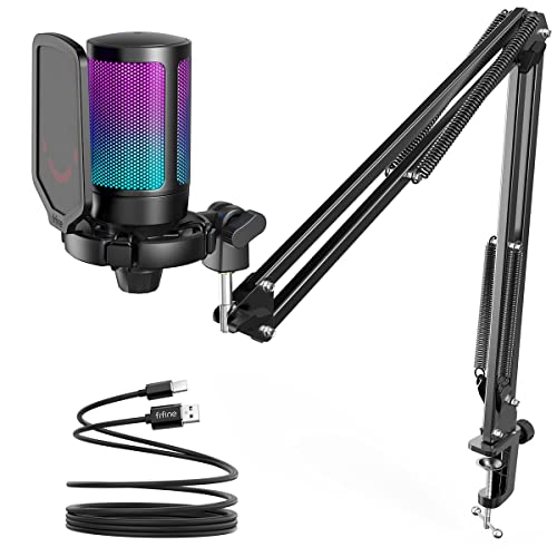 FIFINE Gaming PC Microfone USB, Microfone Condensador para Podcast com Braço,Filtro Pop,Botão Mudo para Streaming,Twitch,Chat Online,Mic RGB para Computador para PS4/5 y Jogadores e Youtuber-A6T