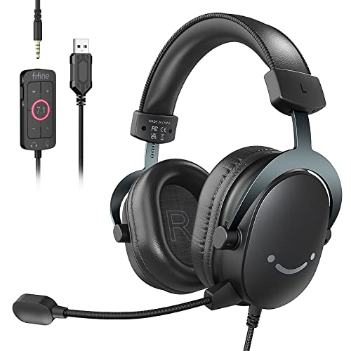 Fone de ouvido para jogos de PC FIFINE, fone de ouvido USB com som surround 7.1, microfone removível, caixa de controle, conector de 3,5 mm,com fio sobre a orelha para PS5/Xbox/Switch-H9 preto