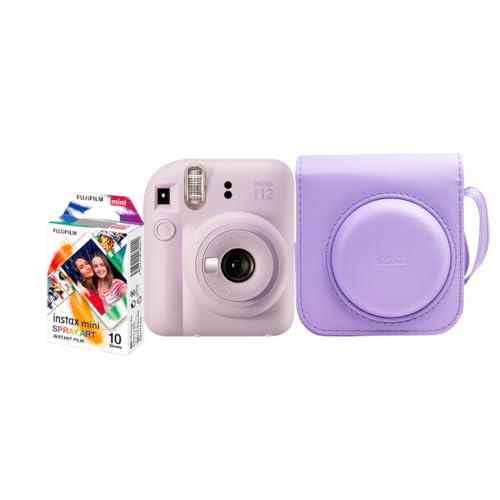 Kit Câmera Instax Mini 12 com pack 10 fotos Spray Art e Bolsa Lilás Candy