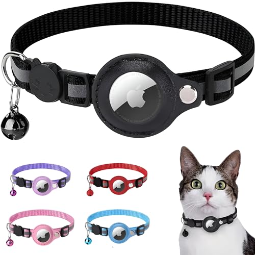 Coleira para gatos com suporte de airtag – Coleira refletiva ajustável para gatos com sino integrado, coleira de gatinho GPS, rastreador para meninas, meninos, gatos, filhotes (Rosa)