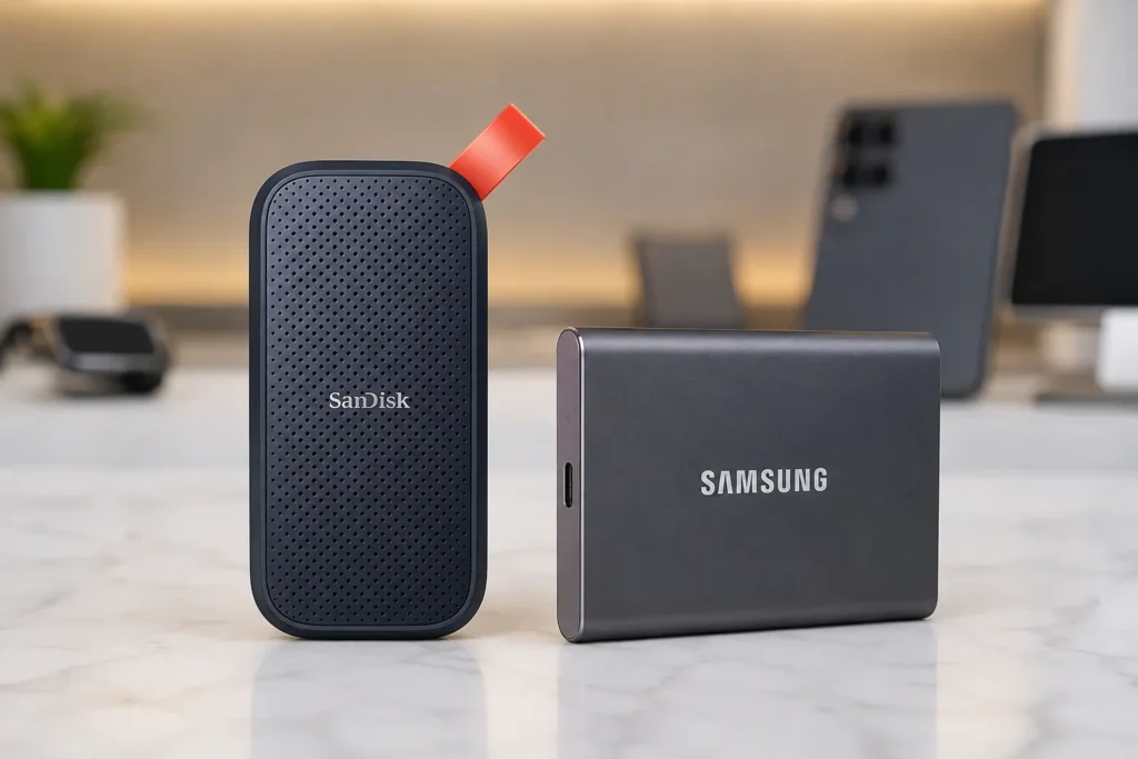 SanDisk SDSSDE30 ou Samsung T7: velocidade contra recursos extras