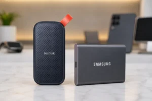SanDisk SDSSDE30 ou Samsung T7: velocidade contra recursos extras