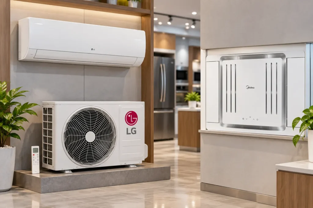 LG Dual Voice AI ou Midea Janela: 18.000 BTUs ou instalação compacta