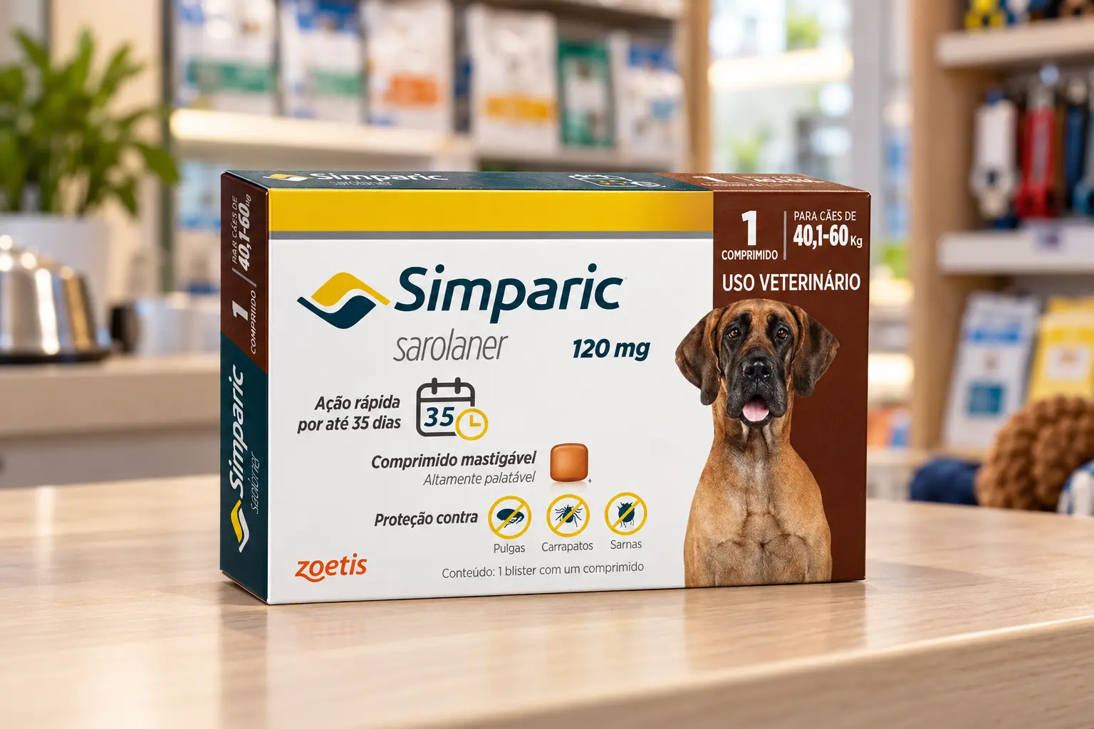 Simparic 120mg para cães de 40 a 60 kg: embalagem com 1 ou 3 comprimidos